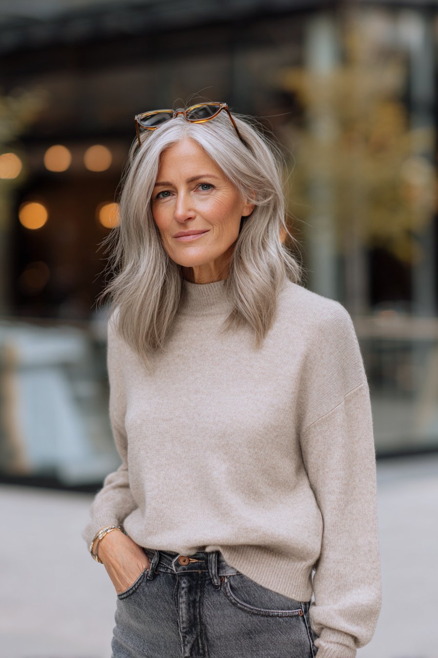 Frau ab 40 mit Baggy-Jeans und Kaschmirpullover