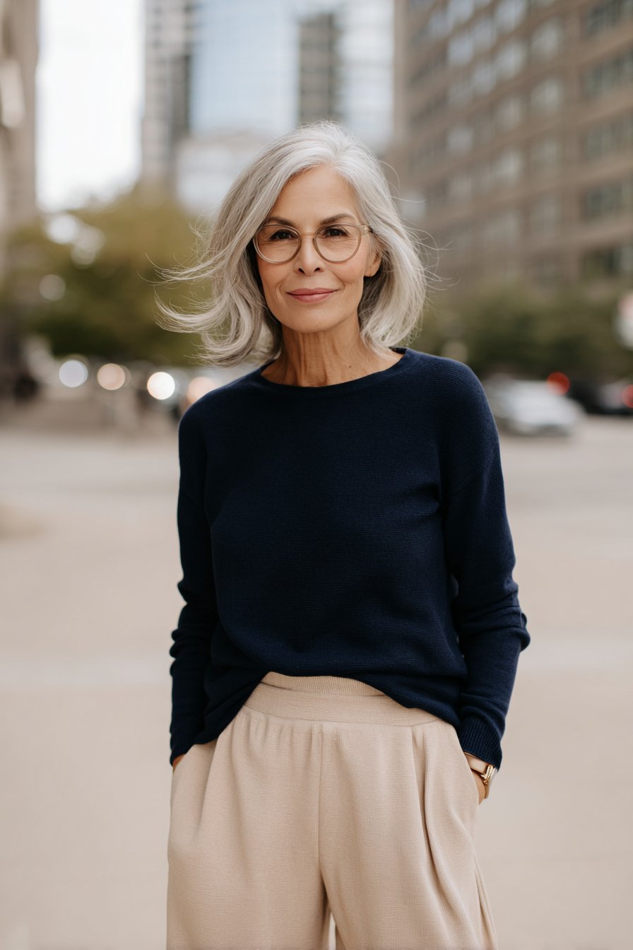 Beige Culotte mit dunkelblauem Longsleeve für Frühling