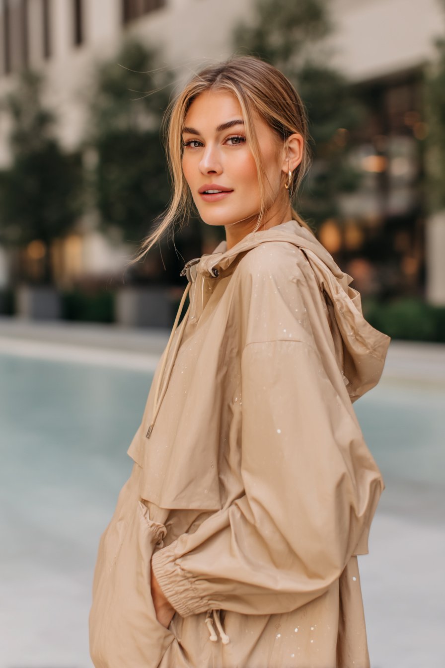Oversize-Regenjacke in Beige mit Wassertropfen