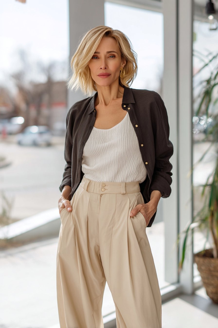 Beige Paperbag-Hose für Büro-Outfit im Frühling