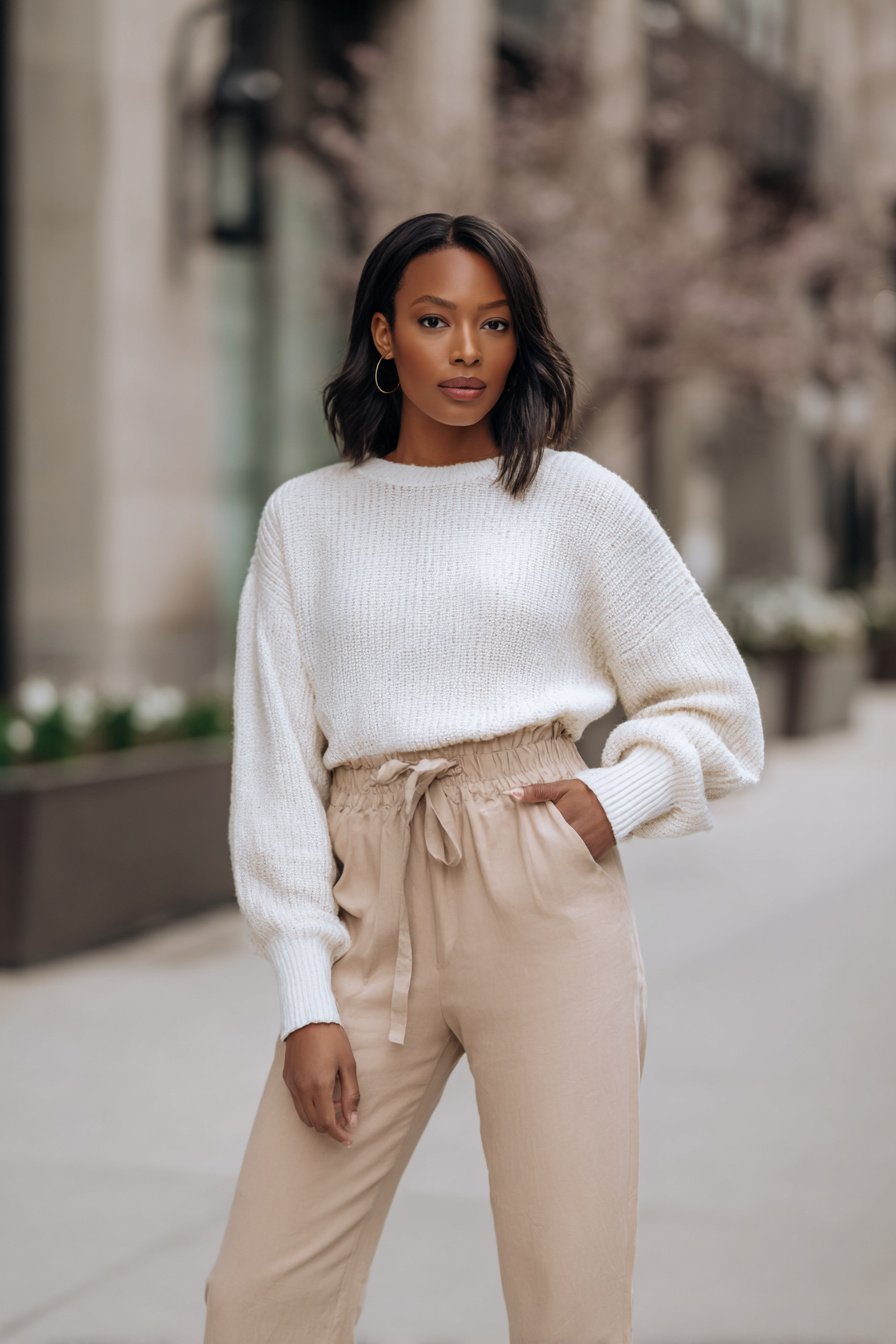 Beige Paperbag-Hose mit weißem Strickpullover elegant