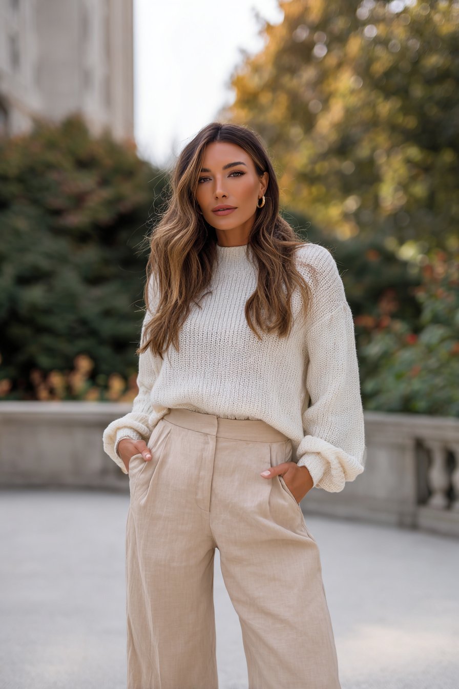 Beigefarbene Leinenhose und cremefarbener Strickpullover