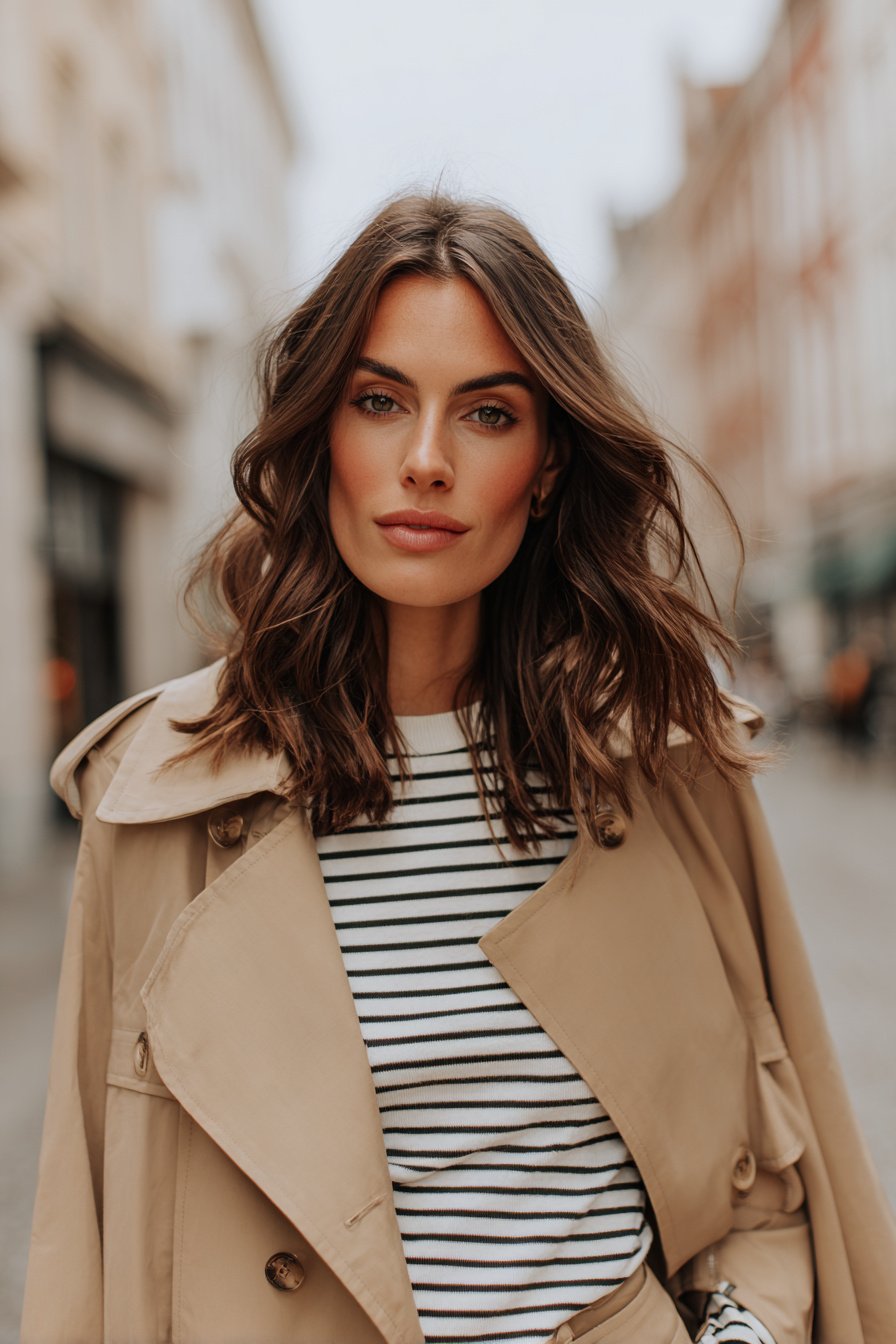 Frau mit beigem Trenchcoat und gestreiftem Shirt