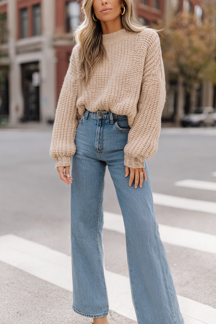 Frau mit beigem Strickpullover und weiter Jeans