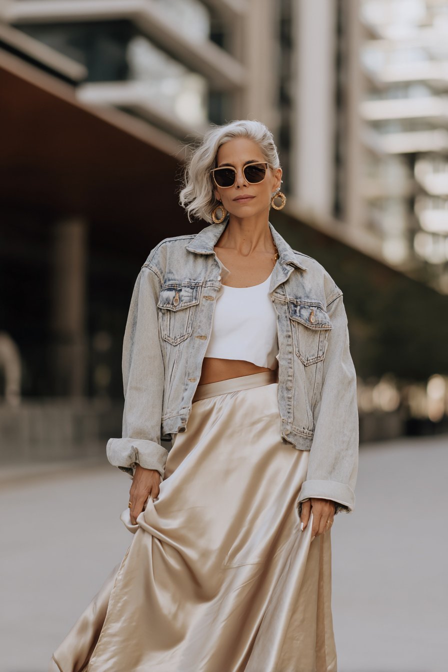 Frau über 40 mit Satinrock und Jeansjacke im Frühling