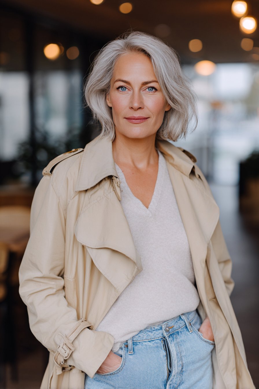 Beiger Trenchcoat und hellblaue Jeans an Frau 40plus