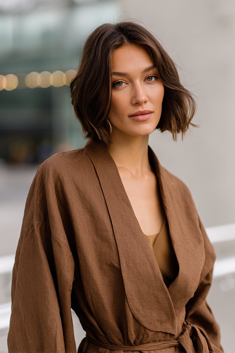 Lockeres braunes Leinenkleid an Schaufensterpuppe