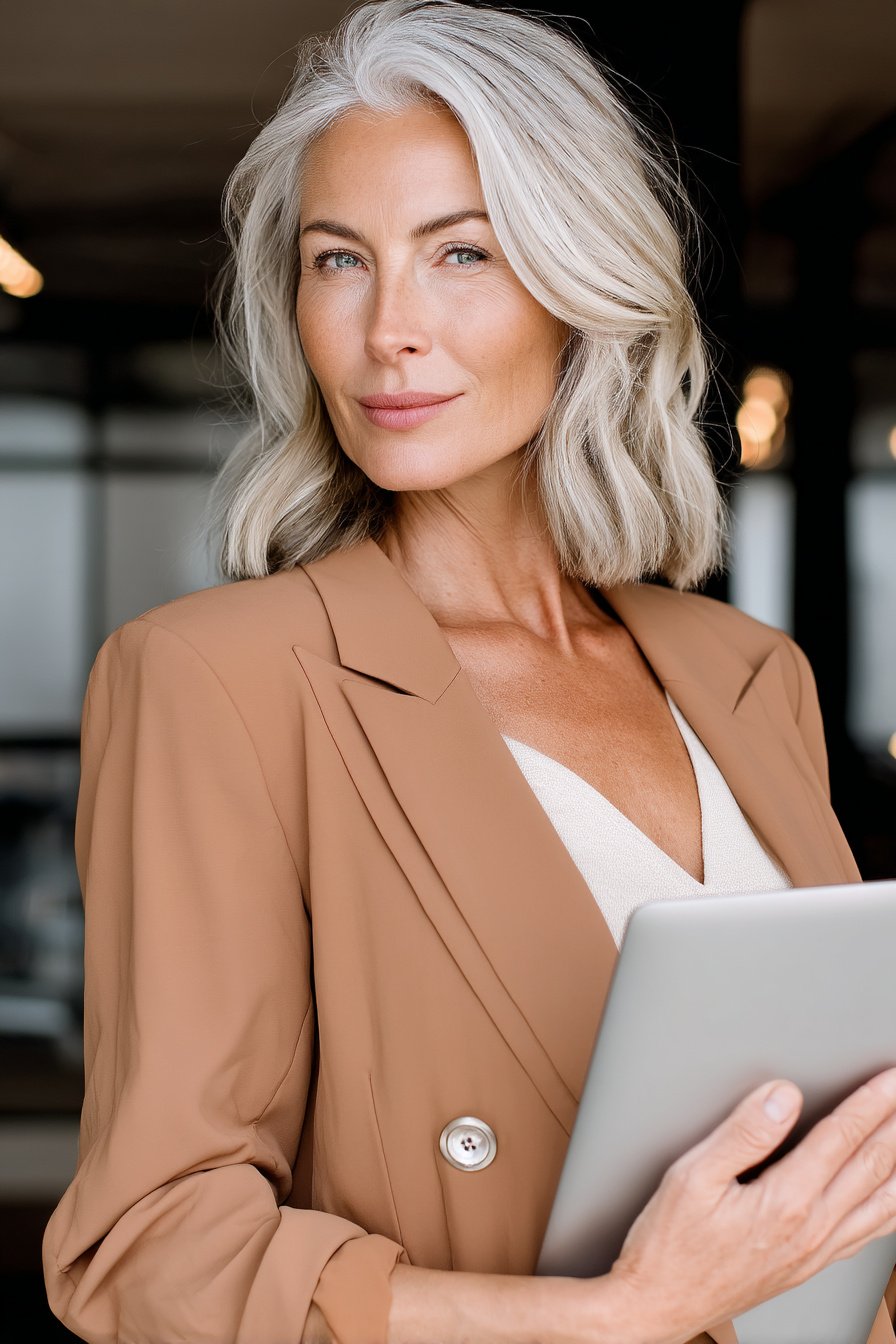 Frau im pastellfarbenen Blazer mit Laptop im Büro