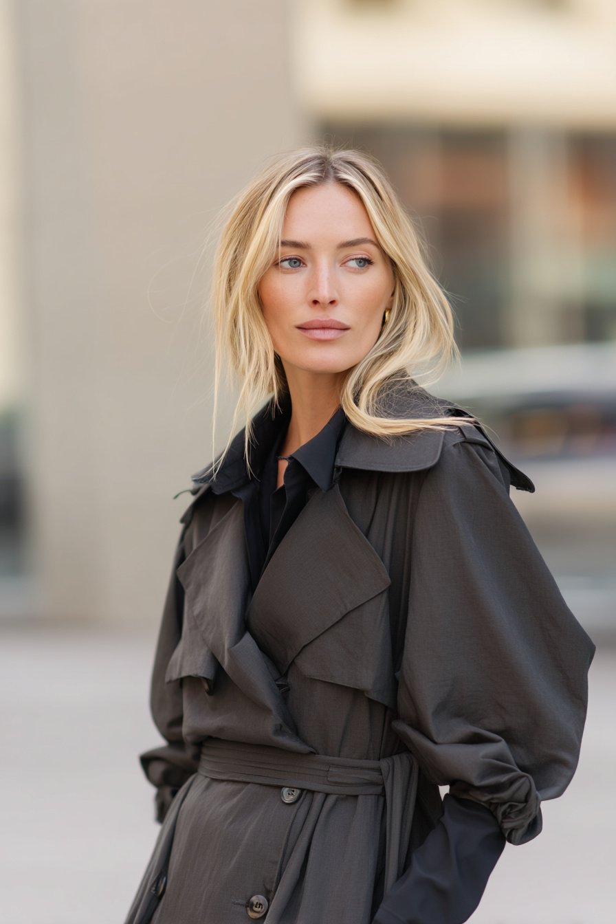 Frau mit grünem Trenchcoat und gekrempelten Ärmeln