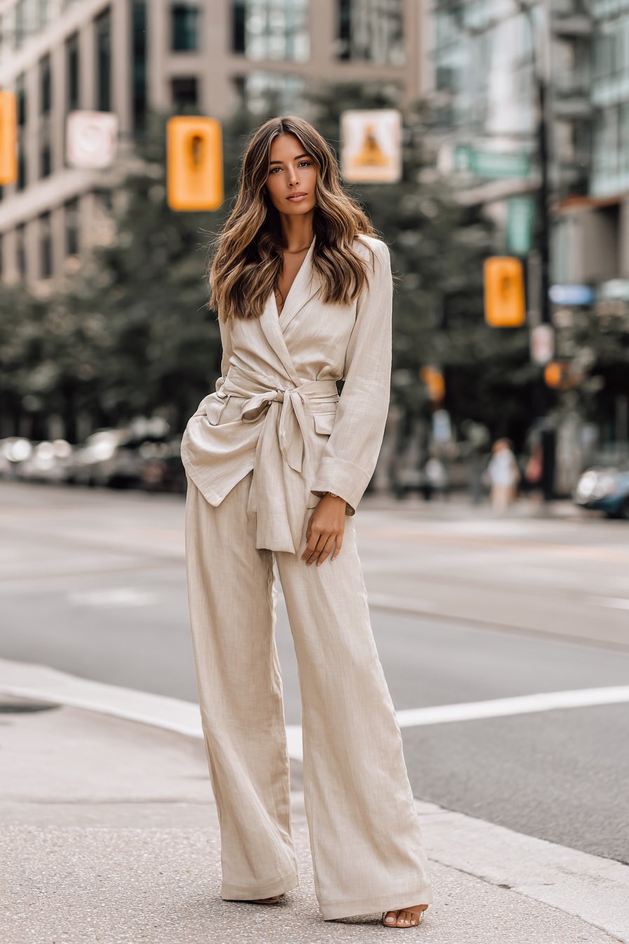 Frau im beigen Hosenanzug mit lockerer Passform