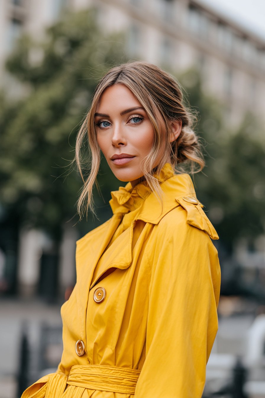 Frau im gelben Regenmantel bei Regenwetter