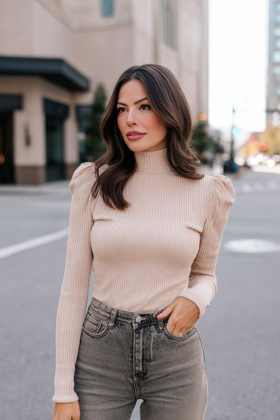 Frau im gerippten Rollkragenpullover mit Schlagjeans