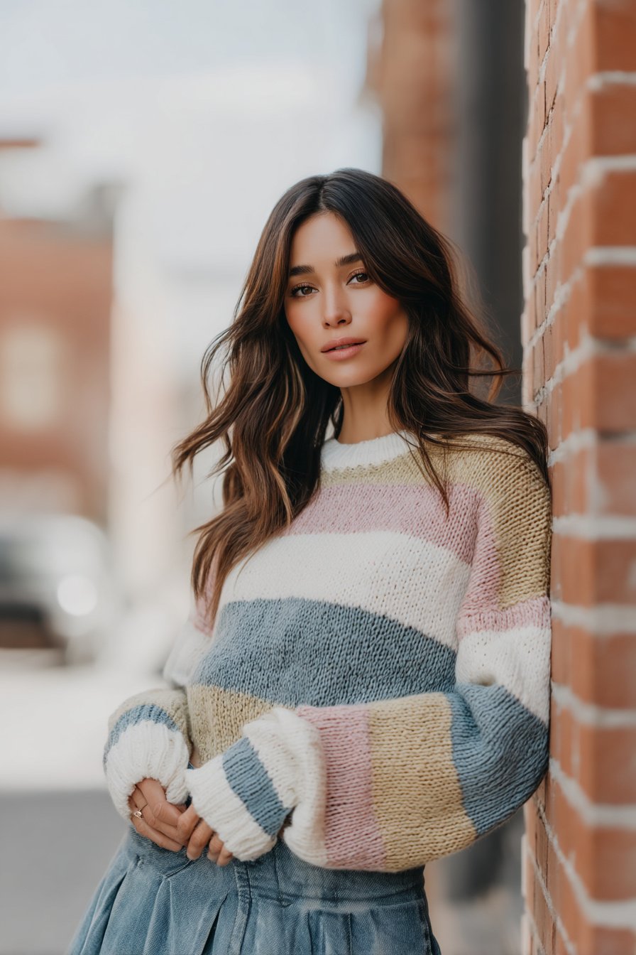 Frau im gestreiften Pullover und Jeansrock vor Backsteinwand