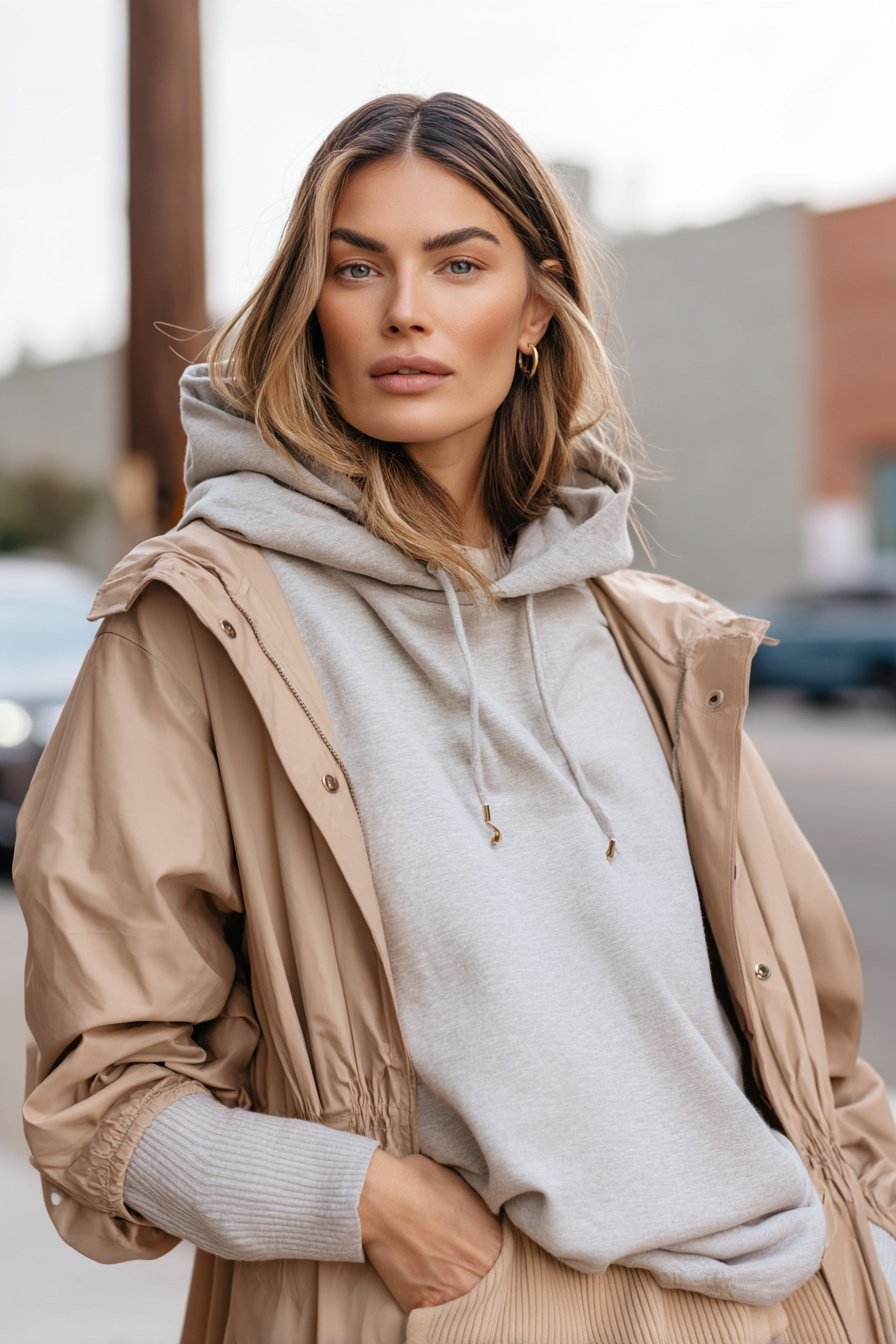 Frau mit Hoodie unter hochgekrempeltem Regenparka im Frühling