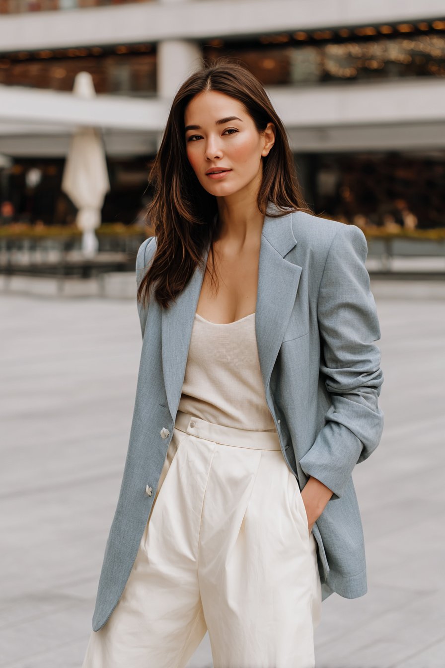 Frau im hellblauen Blazer mit cremefarbener Hose