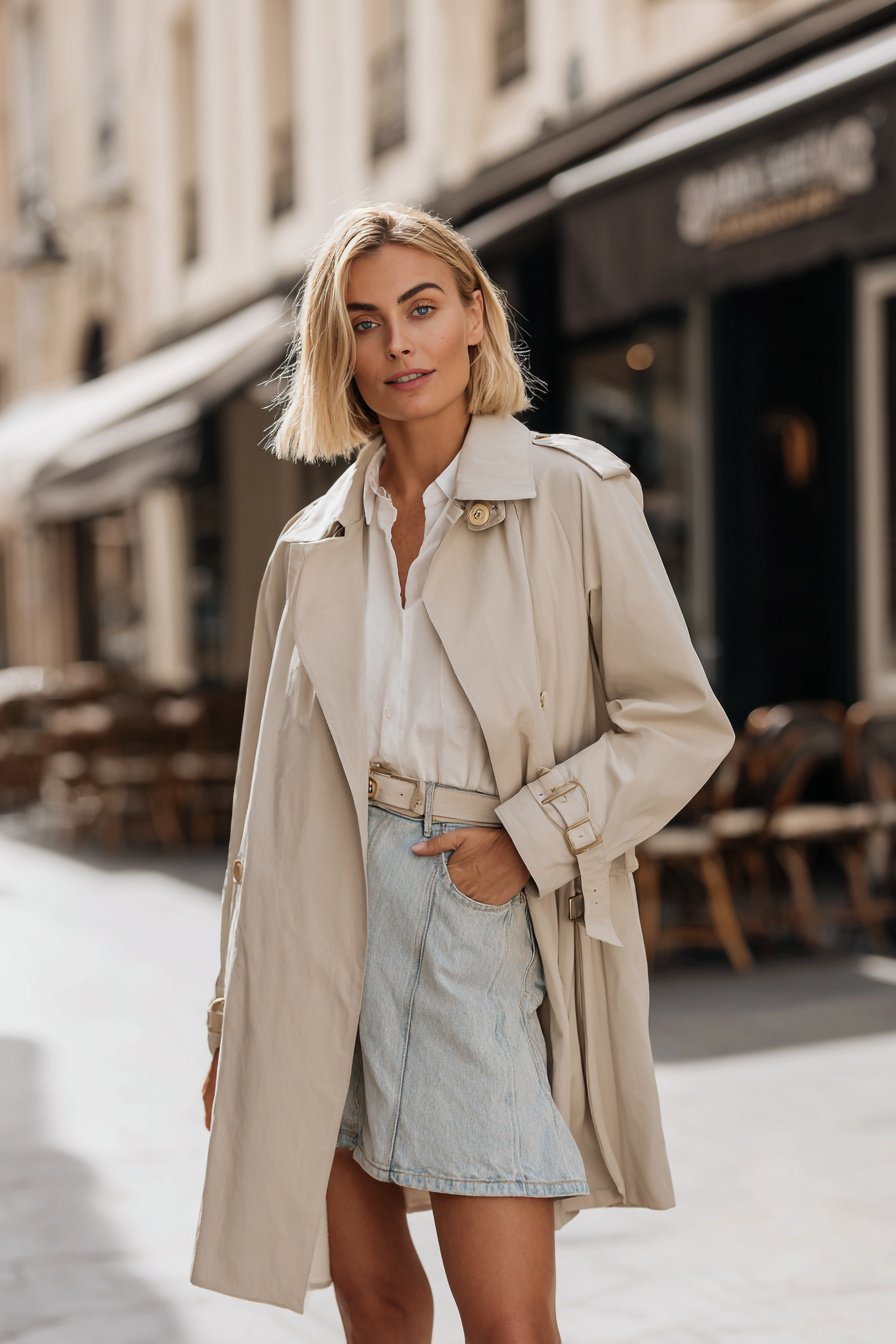 Frau mit Jeansrock und beigem Trenchcoat im Frühling