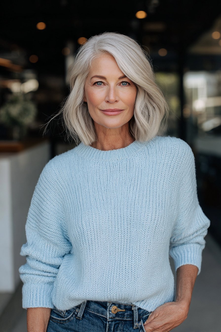 Frau ab 40 mit hellblauem Strickpullover und Röhrenjeans