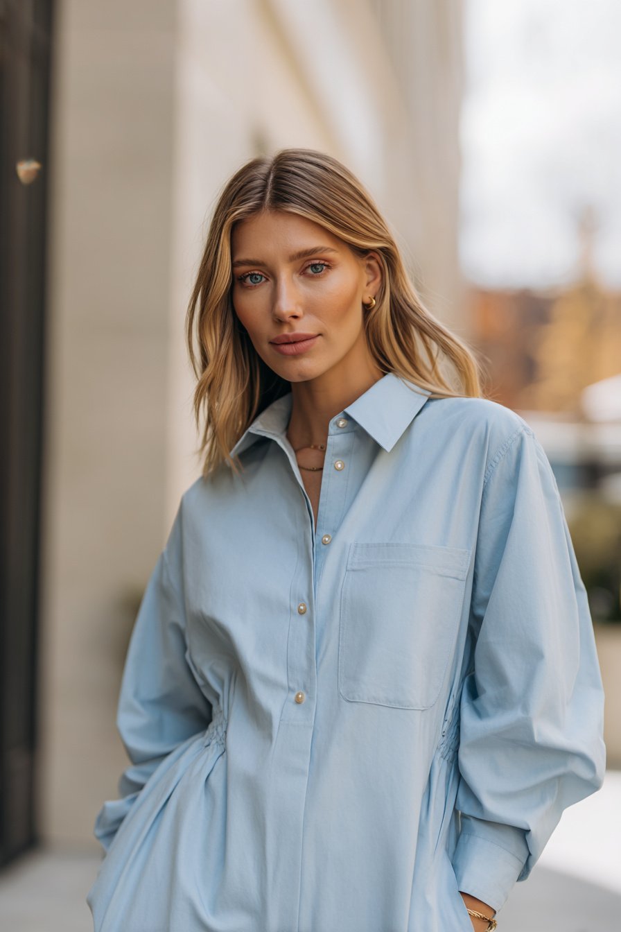 Hemdblusenkleid in Hellblau mit Knopfleiste und Kragen