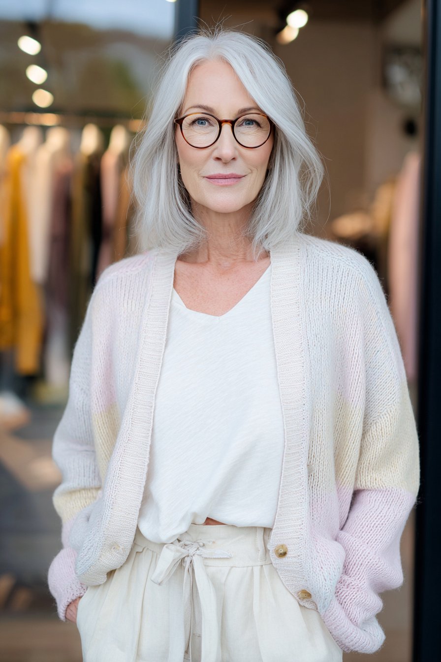 Frau ab 40 in Pastellstrickjacke und heller Hose