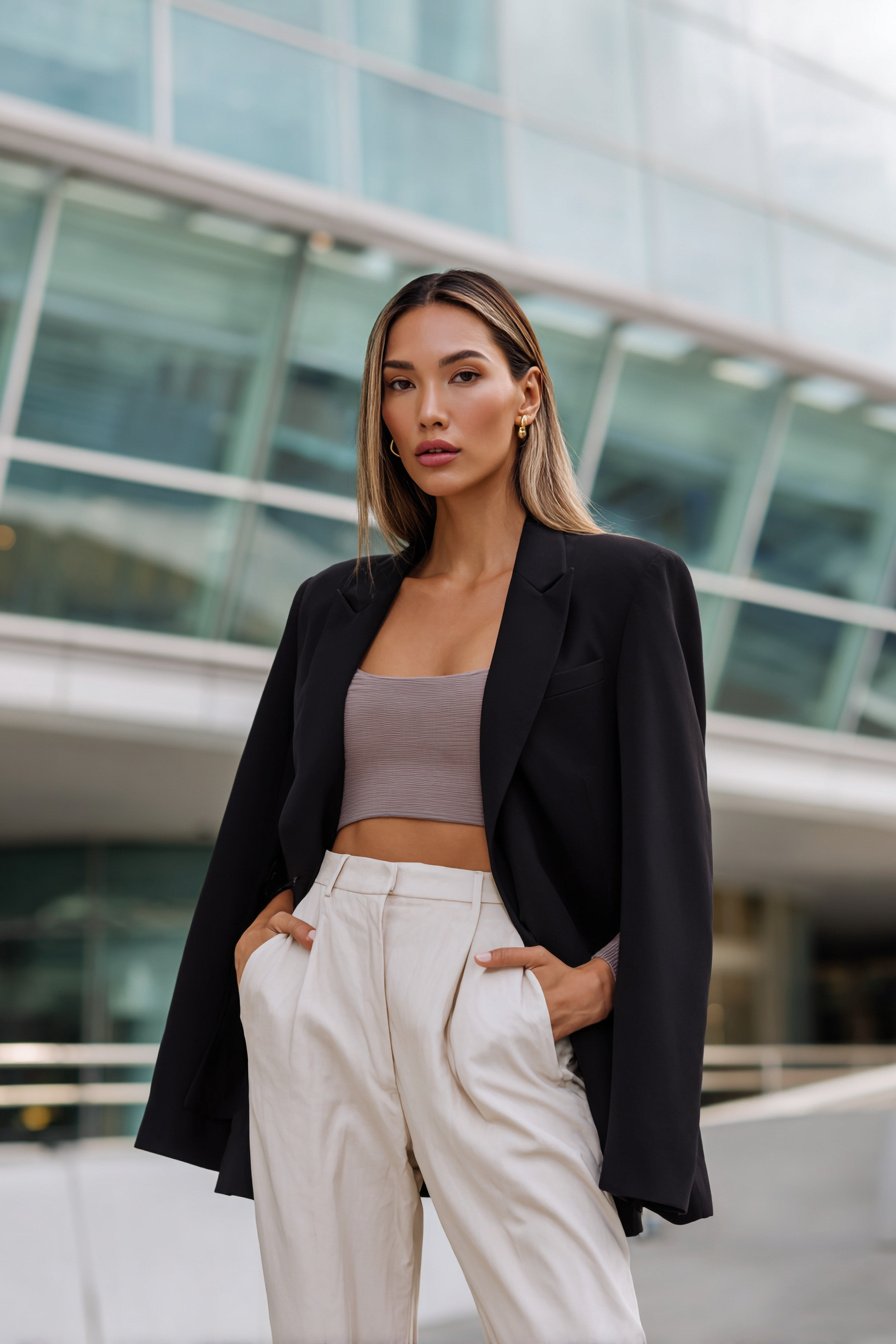 Frau mit heller Hose und schwarzem Blazer im Frühling