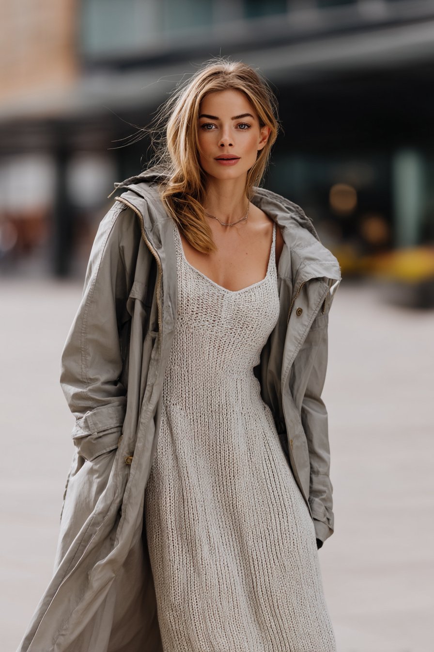 Frau im Strickkleid unter grauem Regenmantel