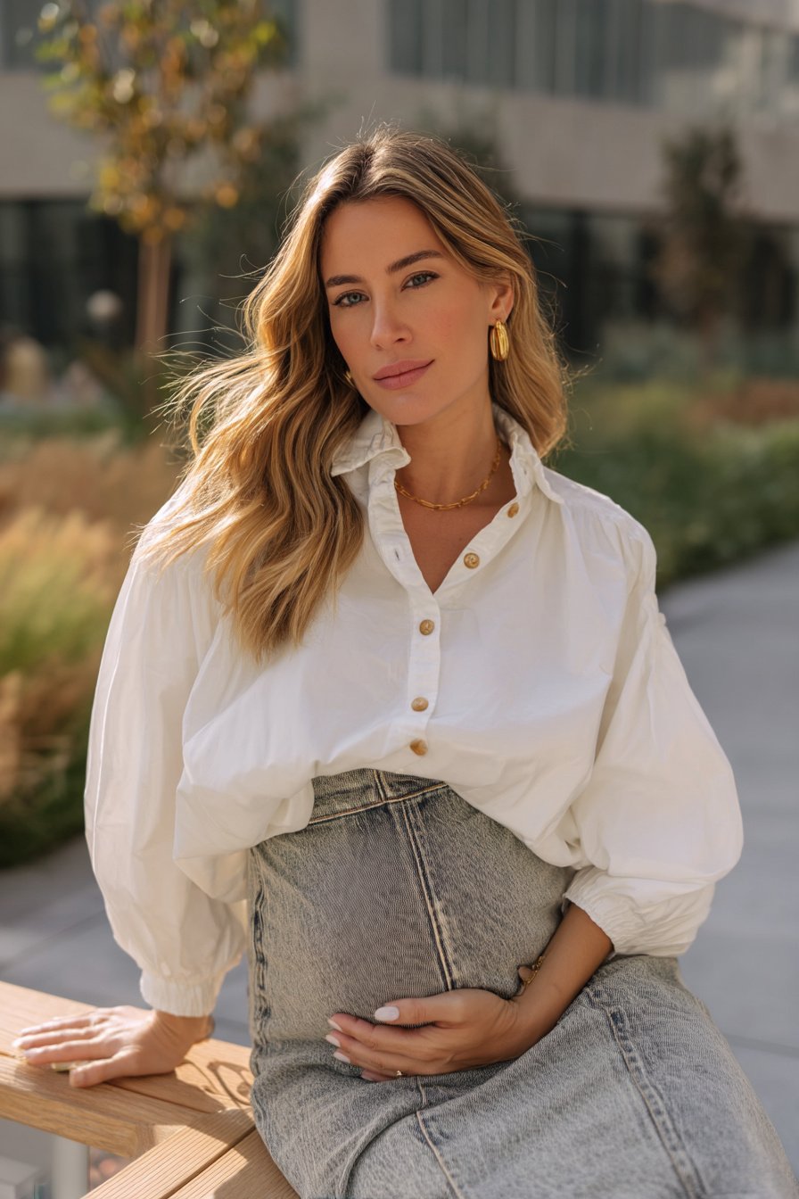 Schwangere mit Jeans-Rock und weißer Bluse auf Parkbank