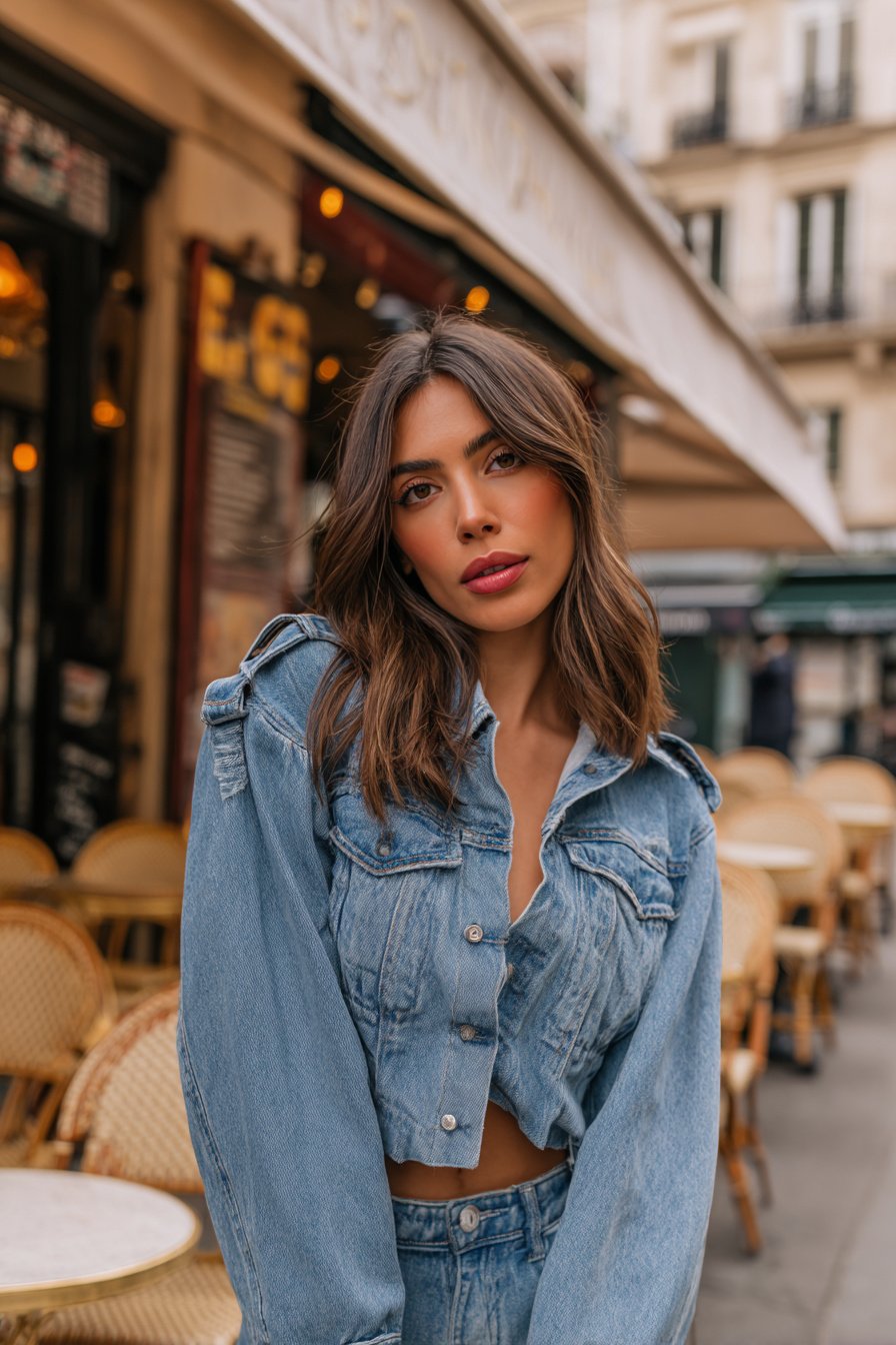 Frau mit kurzem Jeansjäckchen vor Pariser Straßencafé