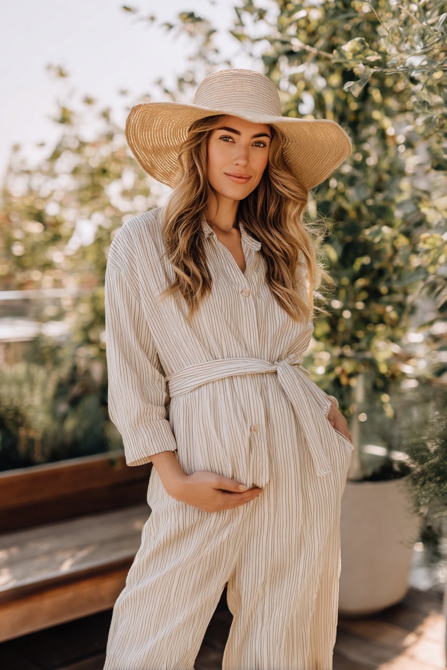 Schwangere mit gestreiftem Jumpsuit und Strohhut im Frühling