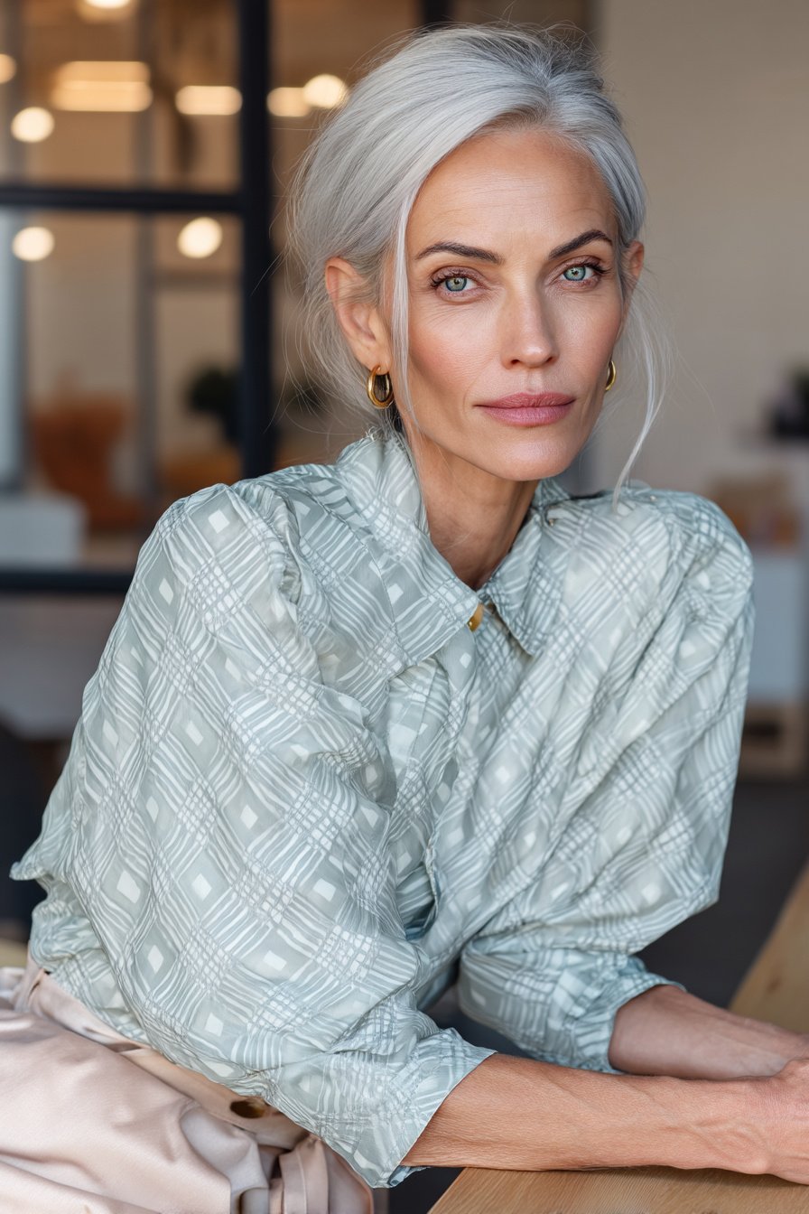 Chiffonbluse mit Karomuster am Bürotisch