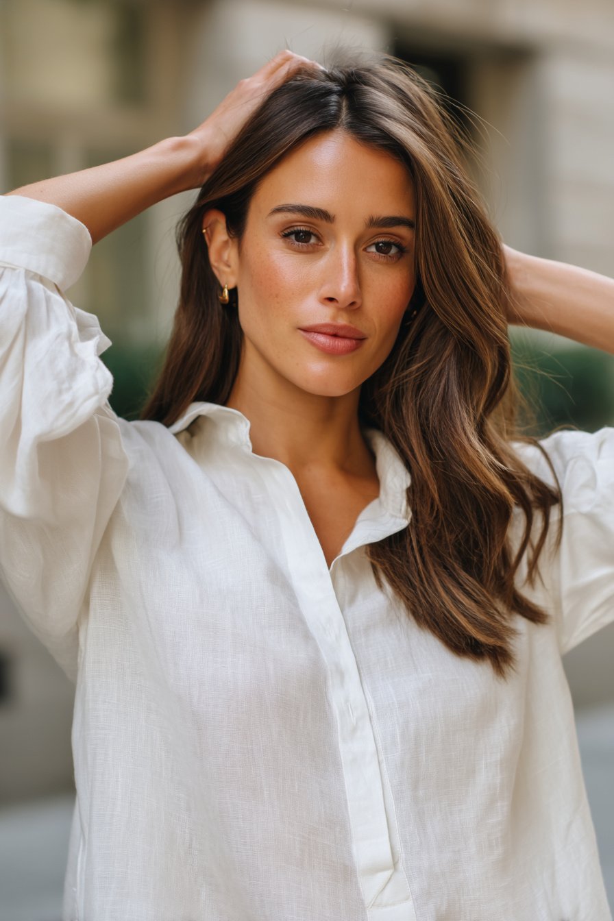 Frau 40 trägt weißes Leinenhemd, Frühling