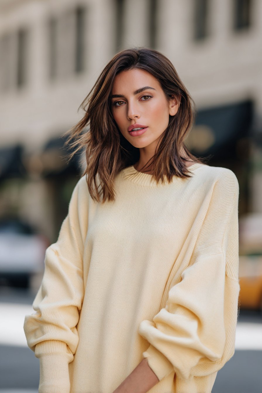 Helles, locker geschnittenes Strickkleid für Frühling