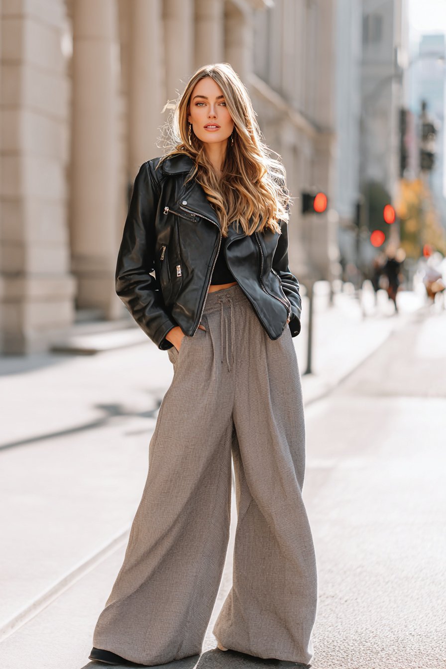 Frau mit lockerer Lederjacke und weiter Hose im Frühling