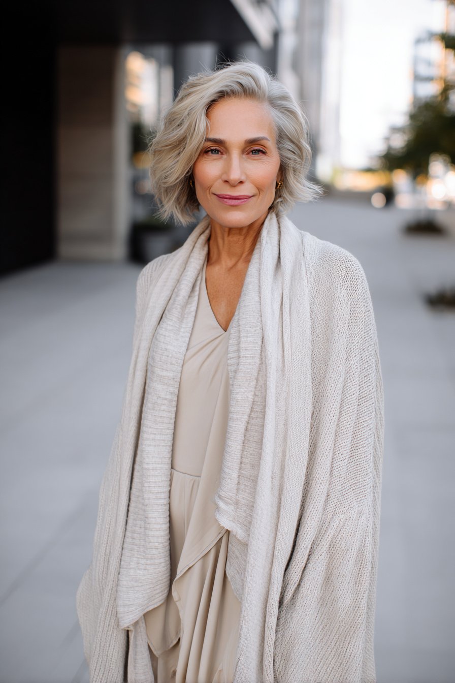 Frau über 40 im cremefarbenen Maxi-Strickcardigan über Kleid