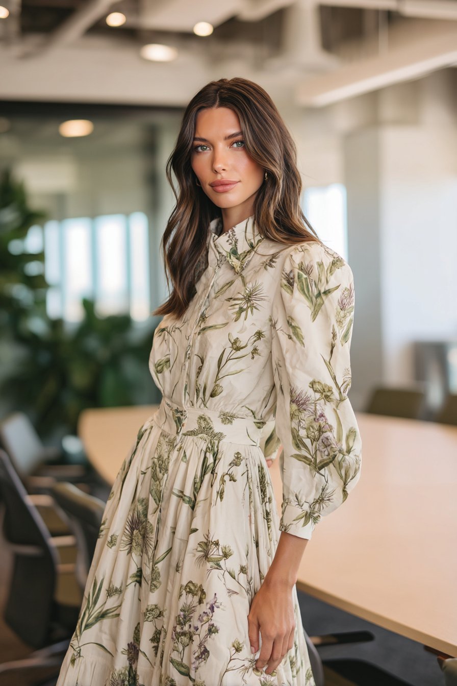 Frau im floralen Midi-Kleid am Konferenztisch