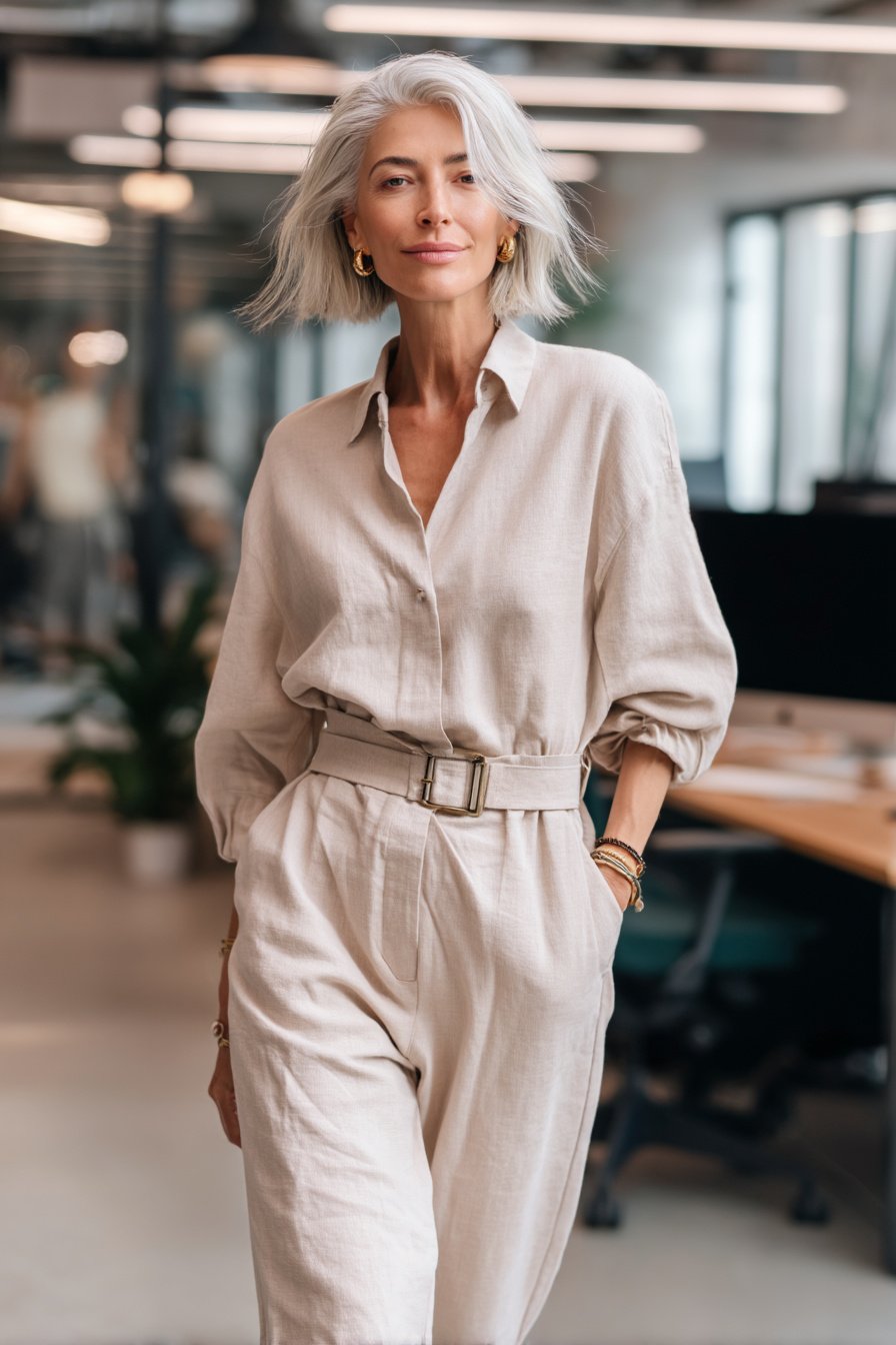 Frau im hellen Jumpsuit im modernen Büro