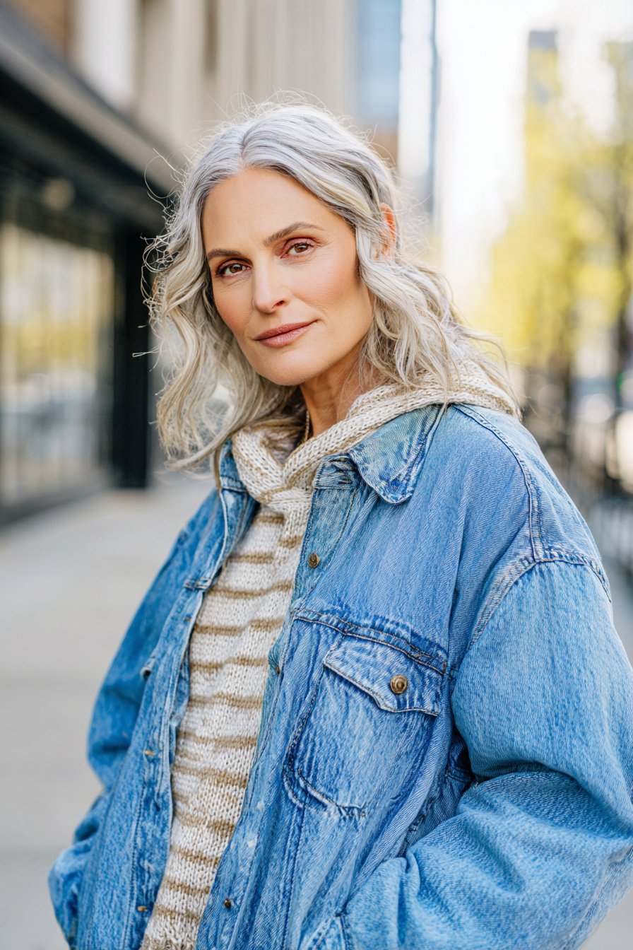 Frau über 40 im Oversize-Jeansjacke mit Streifenpullover