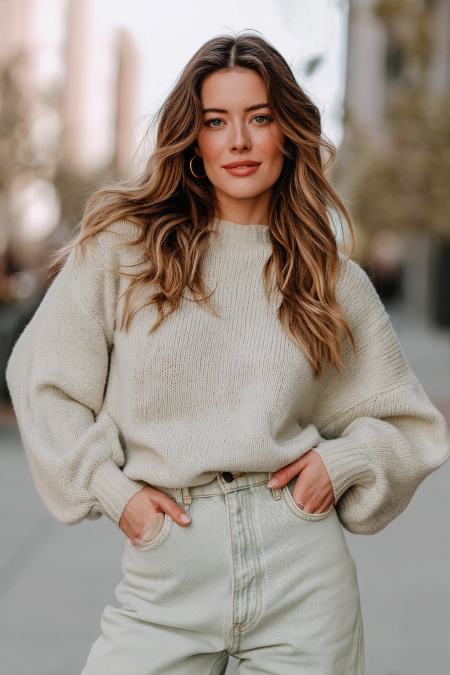 Frau mit pastellpullover und mom-jeans im Frühling