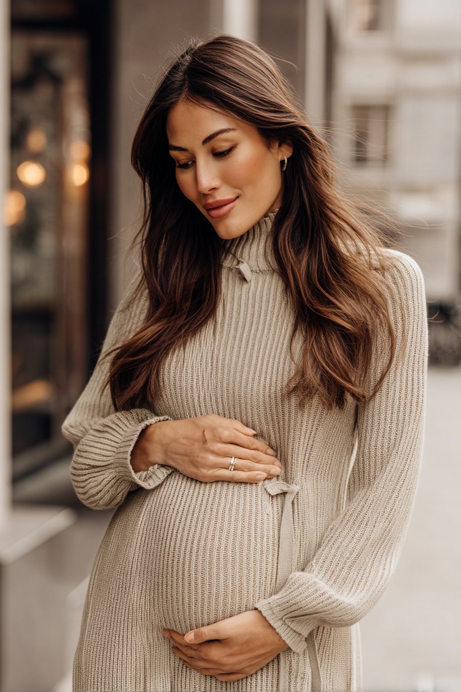 Schwangere Frau im pastellfarbenen Rippenstrickkleid seitlich