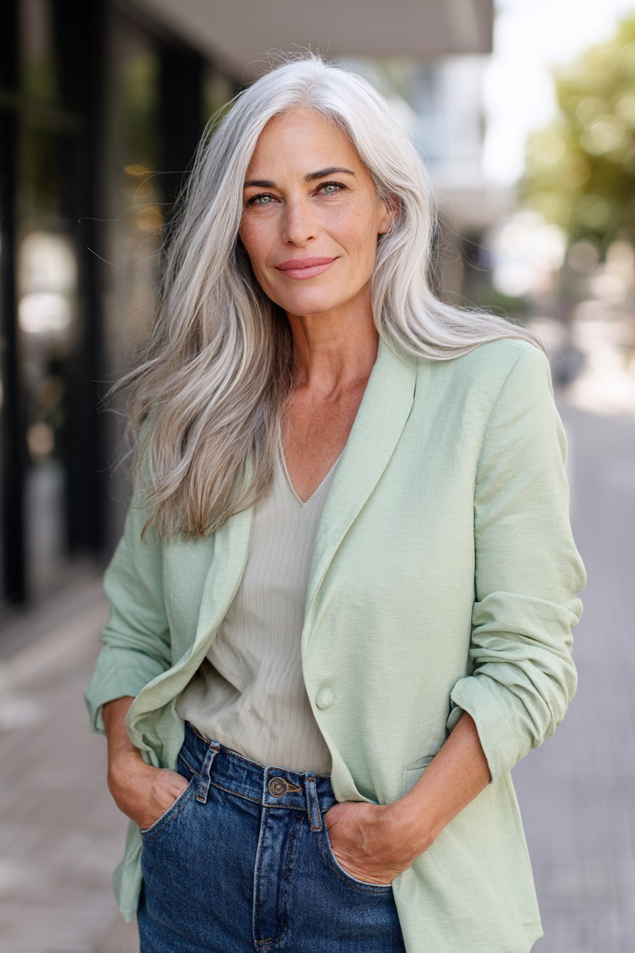 Frau ab 40 im pastellgrünen Blazer und Jeans