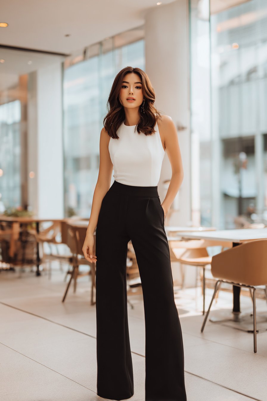 Frau in schwarzer Marlenehose mit weißem Top