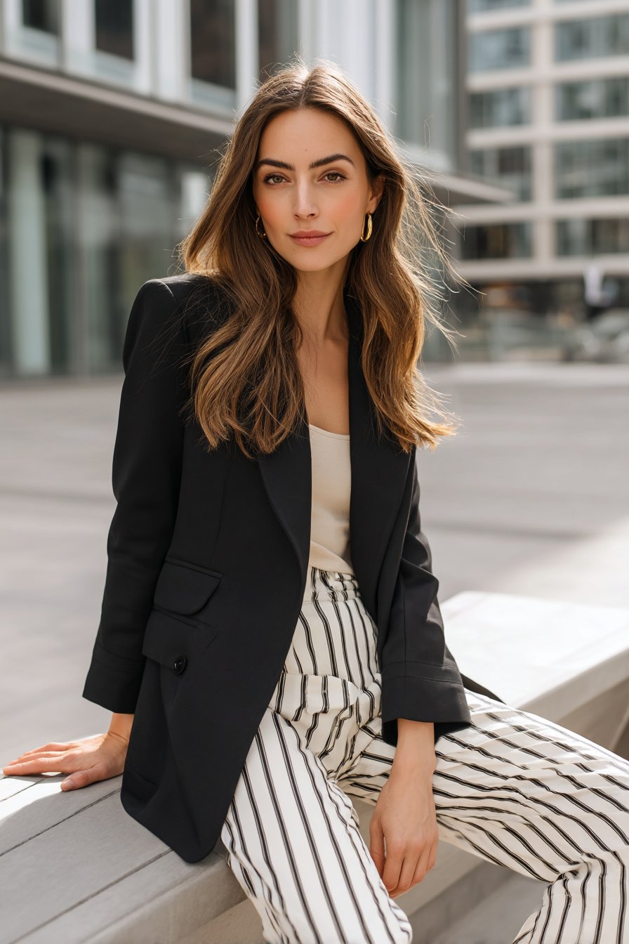 Schwarzer Blazer mit gestreifter Hose an Frau 40+