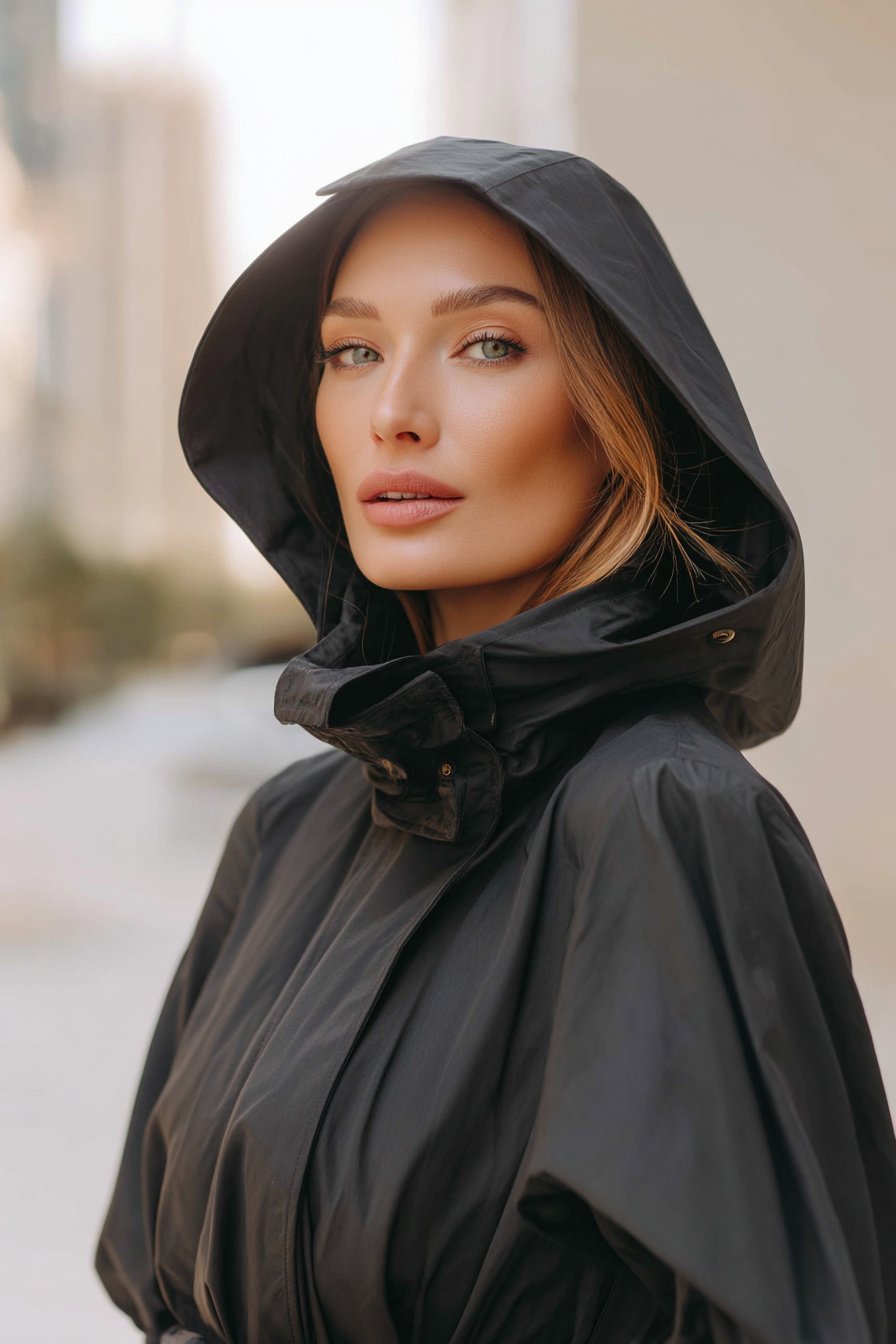 Frau mit schwarzem Regenmantel und Kapuze im Frühling