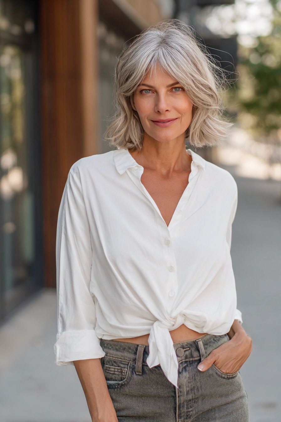 Weiße Boho-Bluse mit Cropped Jeans, Frau ab 40