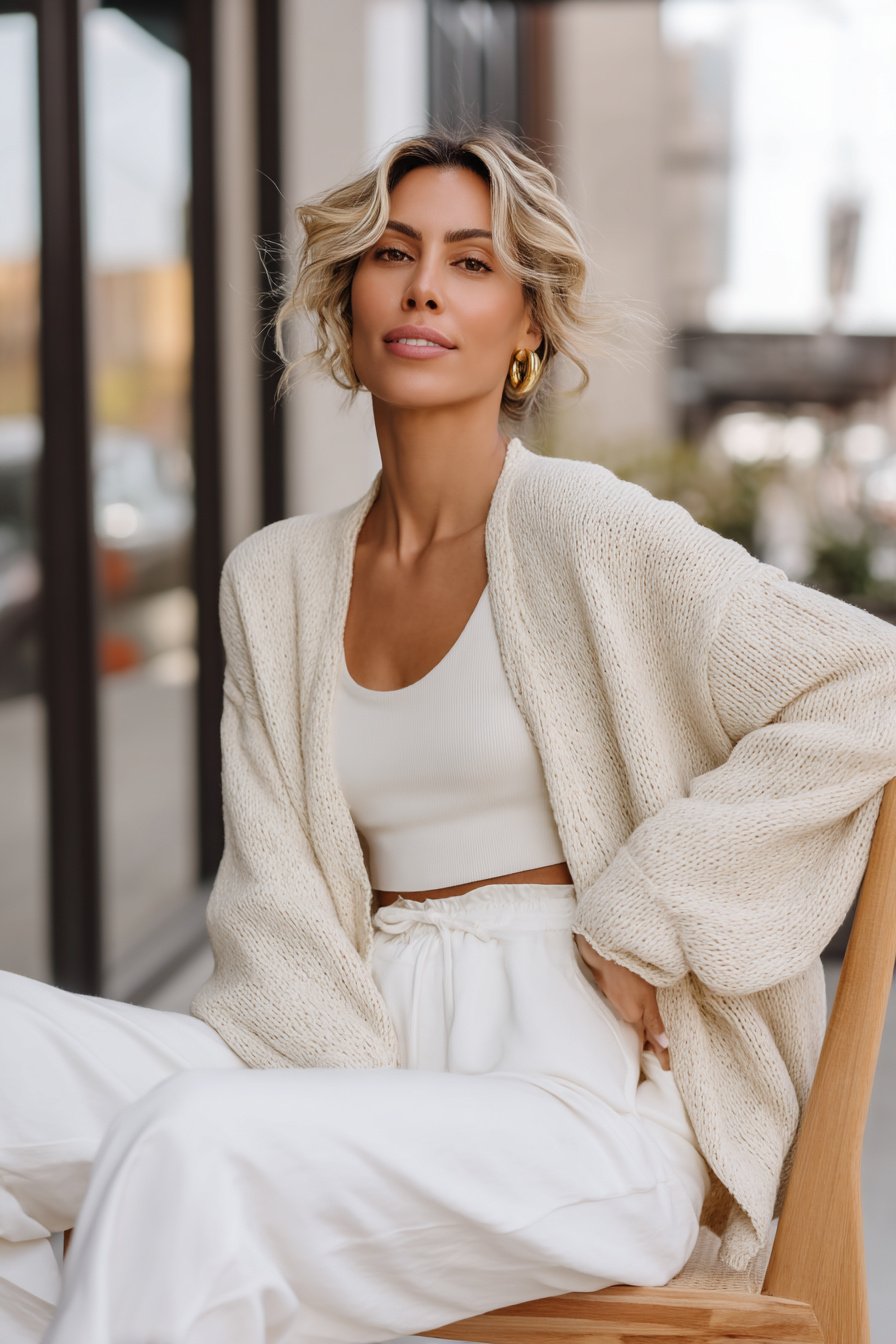 Frau in weißer Stoffhose und Cardigan aus Naturfasern