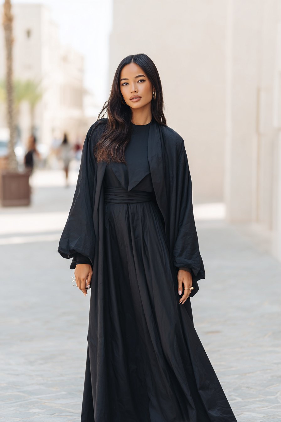 Weites schwarzes Maxikleid auf Bügel, fließender Stoff