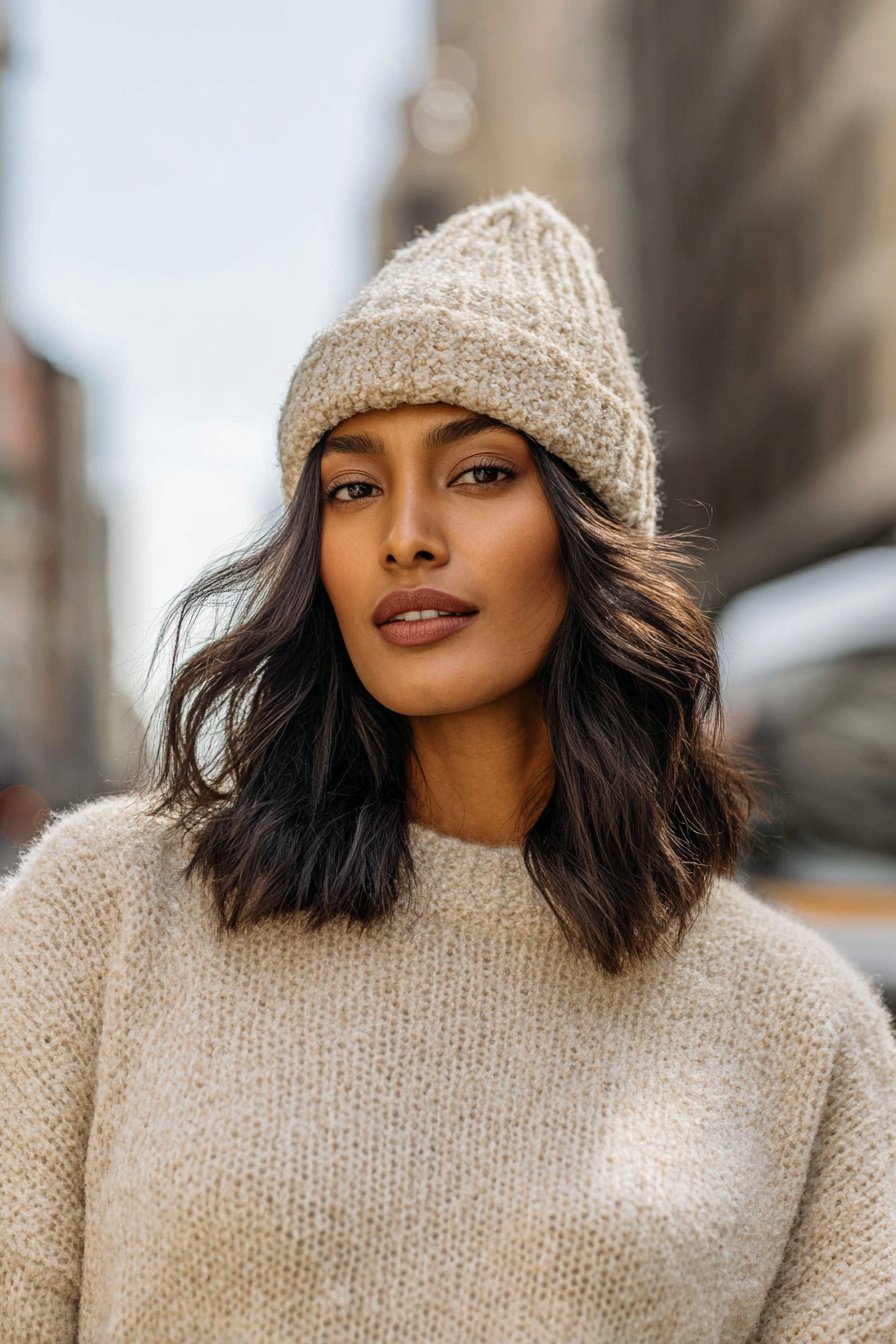 Wollmütze und Strickpullover bei kühlem Frühlingswetter